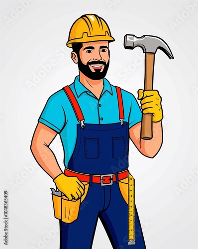 Hand drawing clipart of a man carpenter holding a hammer and measuring tape on plain white background photo