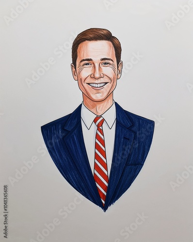 Hand drawing clipart of a man in a suit and tie, smiling on plain white background