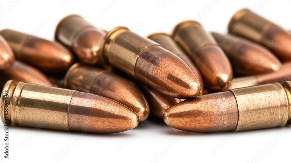 Brass-cased bullets scattered on a white surface in a close-up arrangement Brass-cased bullets scattered on a white surface in a close-up arrangement