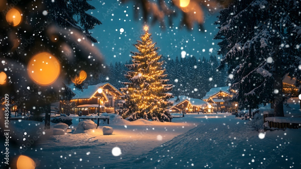 A snowy village scene with a Christmas tree in the center, lights twinkling in the night A snowy village scene with a Christmas tree in the center, lights twinkling in the night