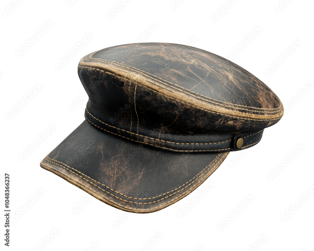 A leather hat with a brown leather strap A leather hat with a brown leather strap