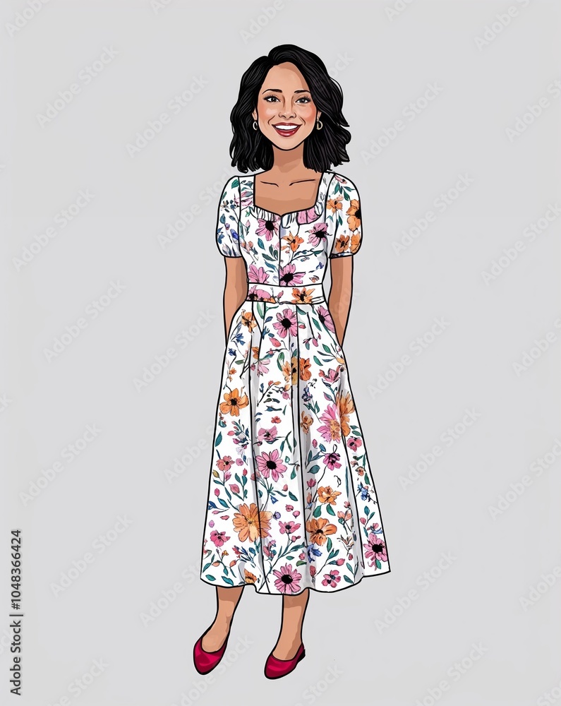 a woman in a floral dress, smiling on plain white background a woman in a floral dress, smiling on plain white background
