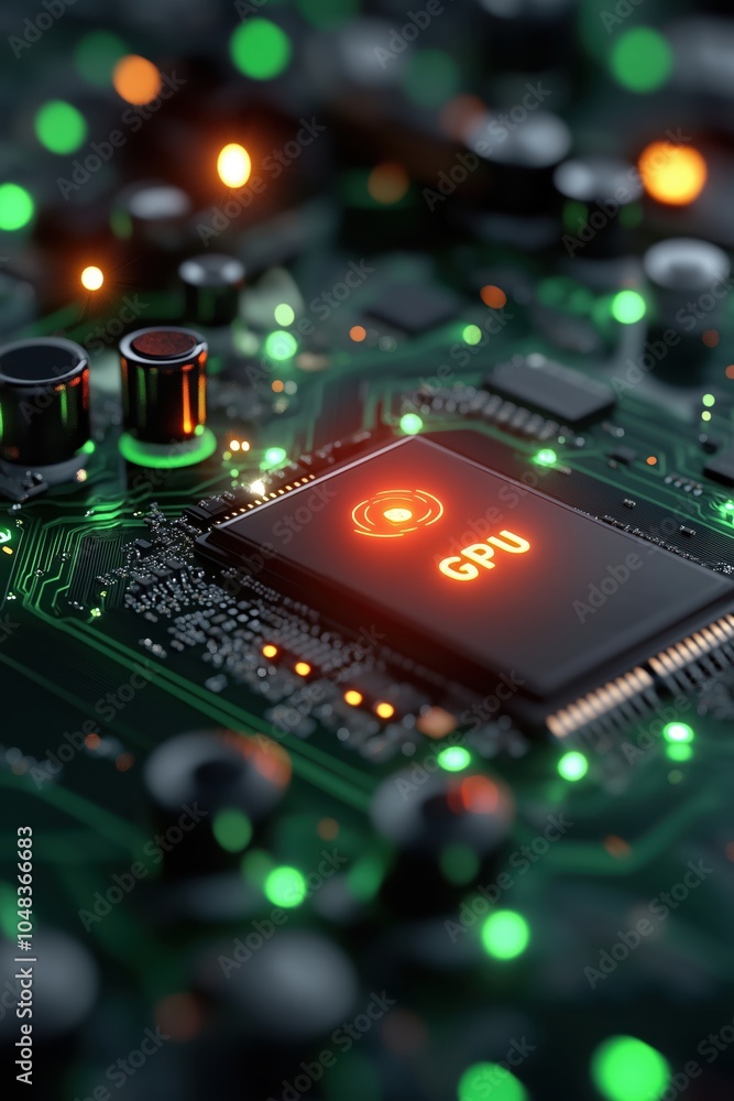 Obraz premium Illuminated GPU chip surrounded by circuit board components in a high-tech setting at night
