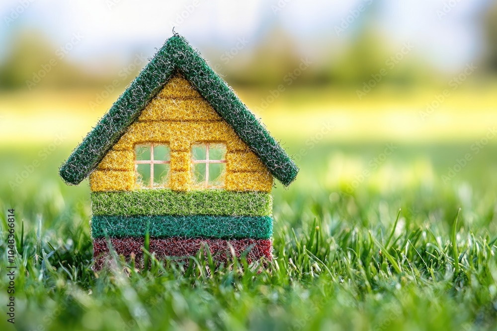 Miniature house showing energy efficiency rate on grass in the garden Miniature house showing energy efficiency rate on grass in the garden