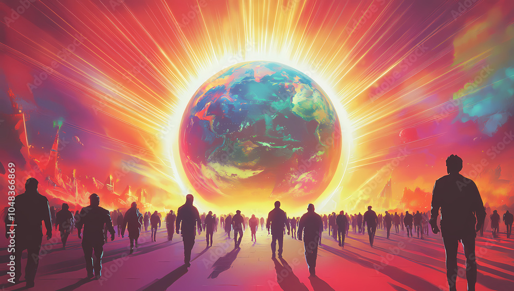 Fototapeta premium A digital painting of the Earth, glowing with light and surrounded by geometric patterns, set against an abstract background. Silhouettes of people on camels stand around it, creating Generative AI .