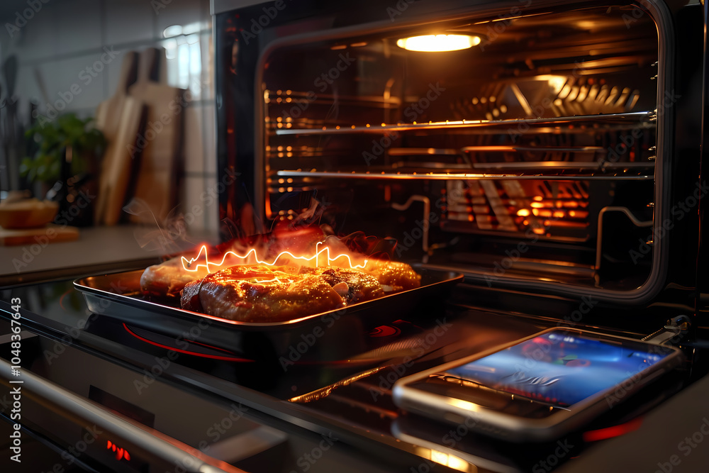 A delicious meal is cooking in the oven, with a smartphone monitoring progress, surrounded by a modern kitchen vibe. A delicious meal is cooking in the oven, with a smartphone monitoring progress, surrounded by a modern kitchen vibe.