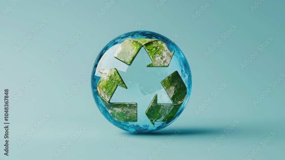 Fototapeta premium A globe with a recycling symbol, featuring green landscapes, representing global sustainability and environmental awareness.