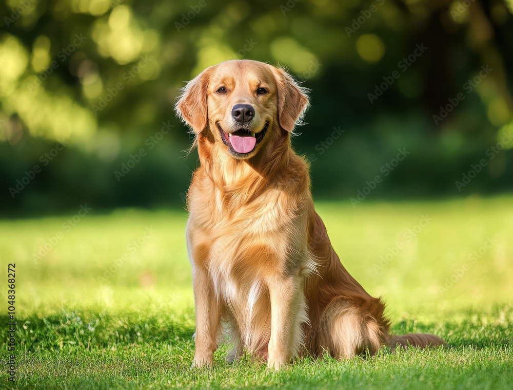 Obraz premium Golden retriever sitting on green grass, showcasing joyful expression. This friendly dog enjoys sunny day outdoors, embodying happiness and playfulness