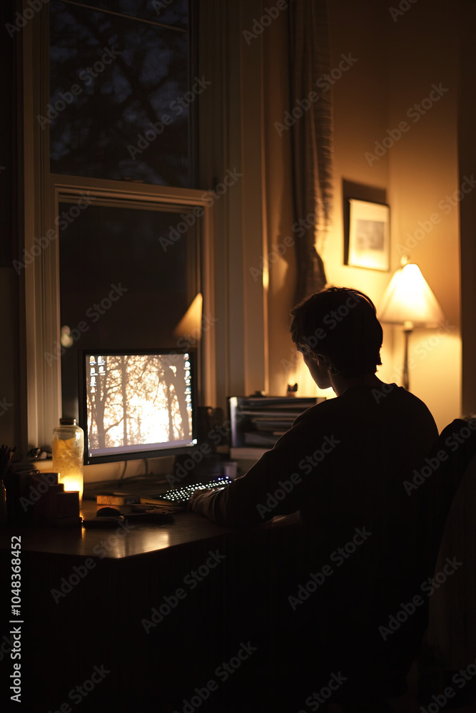 Fototapeta premium A person sitting at a desk late at night, illuminated by the glow of a computer screen