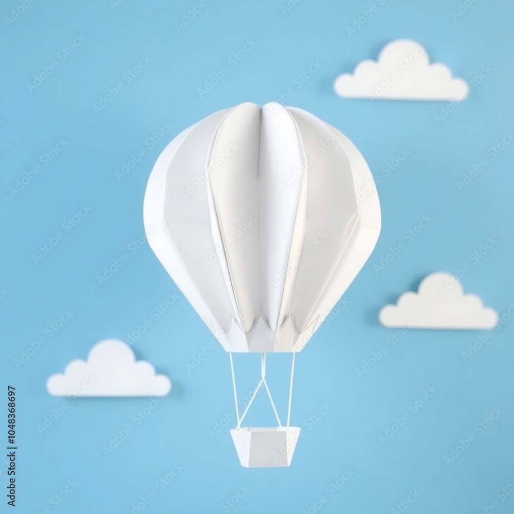 Obraz premium A white origami hot air balloon floating in a blue paper sky