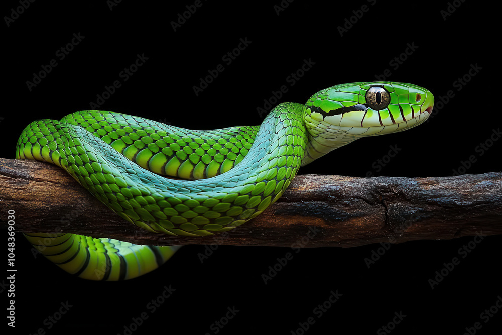 vibrant green snake rests gracefully on branch, showcasing its striking scales and unique patterns. dark background highlights its vivid colors and intricate details, creating captivating image