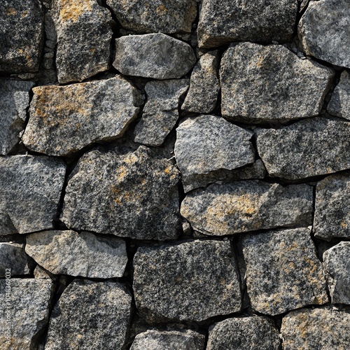 Close-up view of a rustic stone wall with irregular shaped rocks fitting together seamlessly.