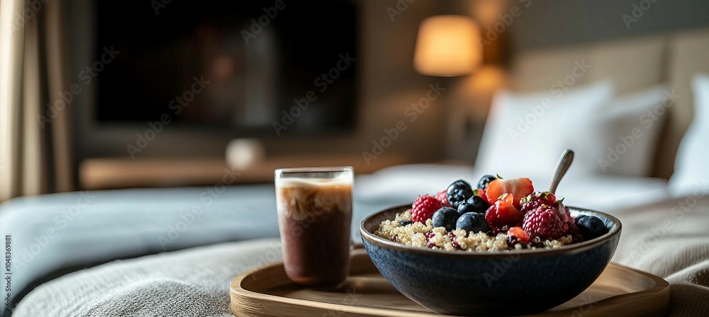 Breakfast in Bed with a Cup of Coffee and Fresh Fruit Breakfast in Bed with a Cup of Coffee and Fresh Fruit