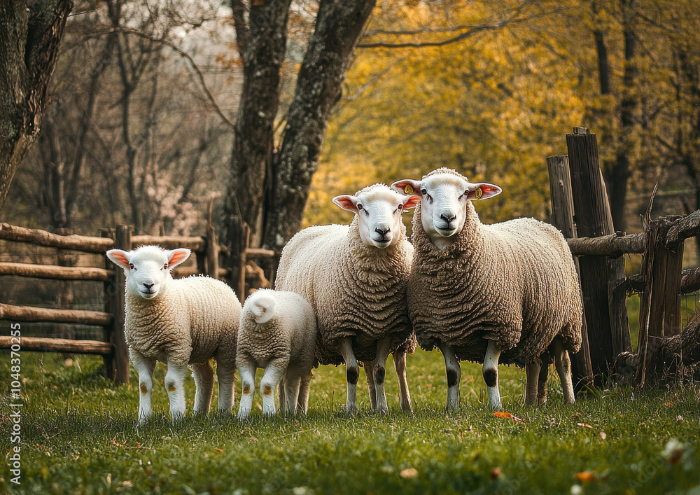 Fluffy sheep stand together in serene pasture, surrounded by trees and rustic fence. warm autumn colors create peaceful atmosphere, showcasing beauty of nature Fluffy sheep stand together in serene pasture, surrounded by trees and rustic fence. warm autumn colors create peaceful atmosphere, showcasing beauty of nature