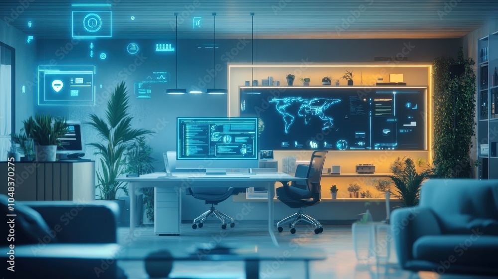 Smart office with AI systems controlling productivity tools, employee well-being features, and seamless communication through voice-controlled interfaces. Smart office with AI systems controlling productivity tools, employee well-being features, and seamless communication through voice-controlled interfaces.