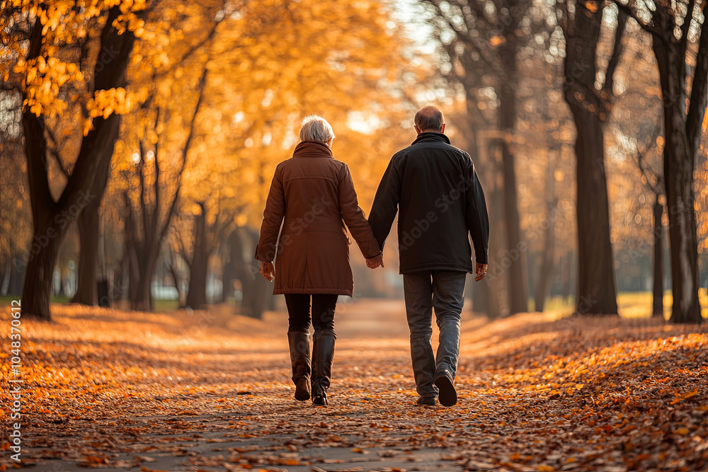 Senior couple walking hand in hand in a park, with autumn leaves on the ground Senior couple walking hand in hand in a park, with autumn leaves on the ground