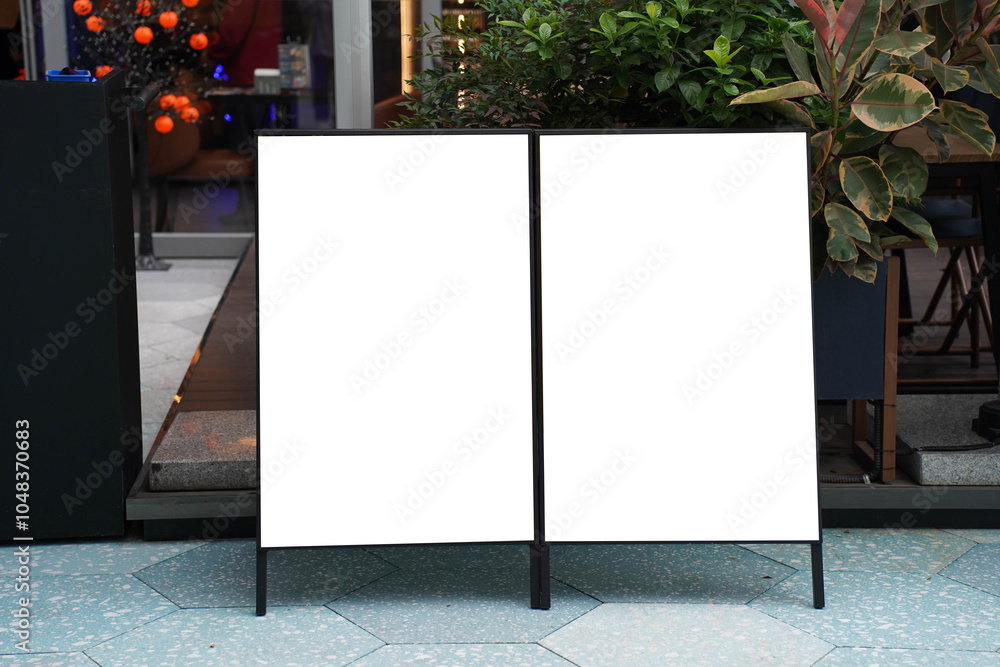 Blank white outdoor advertising stand sandwich board mock up template. Clear street signage board placed by an outdoor dinning area of a restaurant.