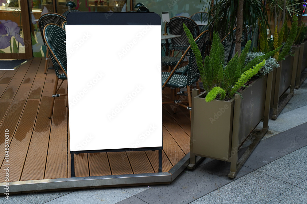 Blank white outdoor advertising stand sandwich board mock up template. Clear street signage board placed by an outdoor dinning area of a restaurant.