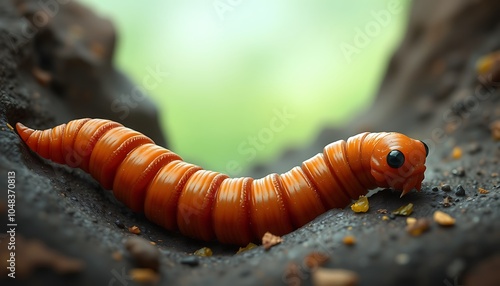 Orange Worm Crawling on Dark Surface,