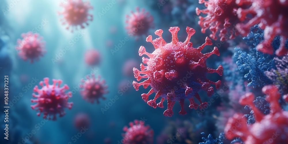 Fototapeta premium An illustrated concept of microscopic close-up of a coronavirus particle with spike proteins, red against a dark blue background