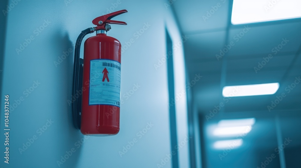 Red Fire Extinguisher Mounted on a Wall in a Hallway Red Fire Extinguisher Mounted on a Wall in a Hallway
