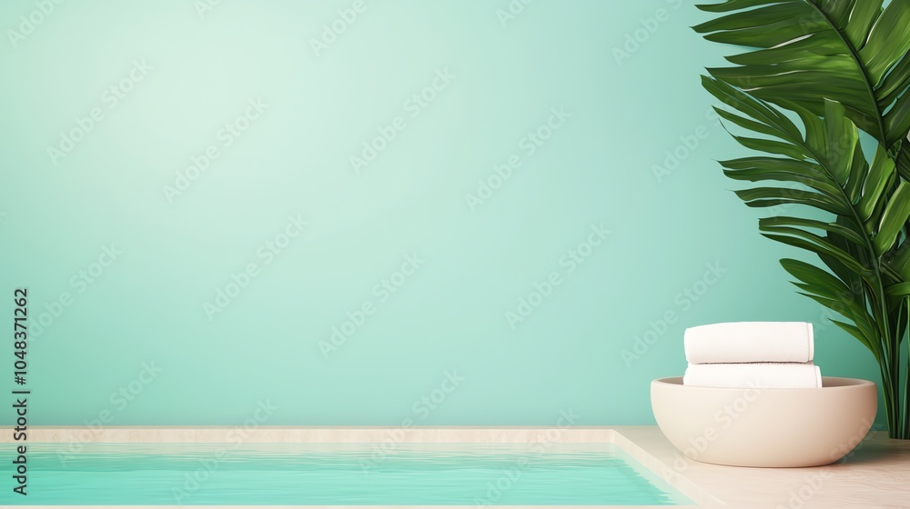 A serene poolside scene featuring gentle green hues, neatly stacked towels, and tropical leaves for a relaxing atmosphere. A serene poolside scene featuring gentle green hues, neatly stacked towels, and tropical leaves for a relaxing atmosphere.
