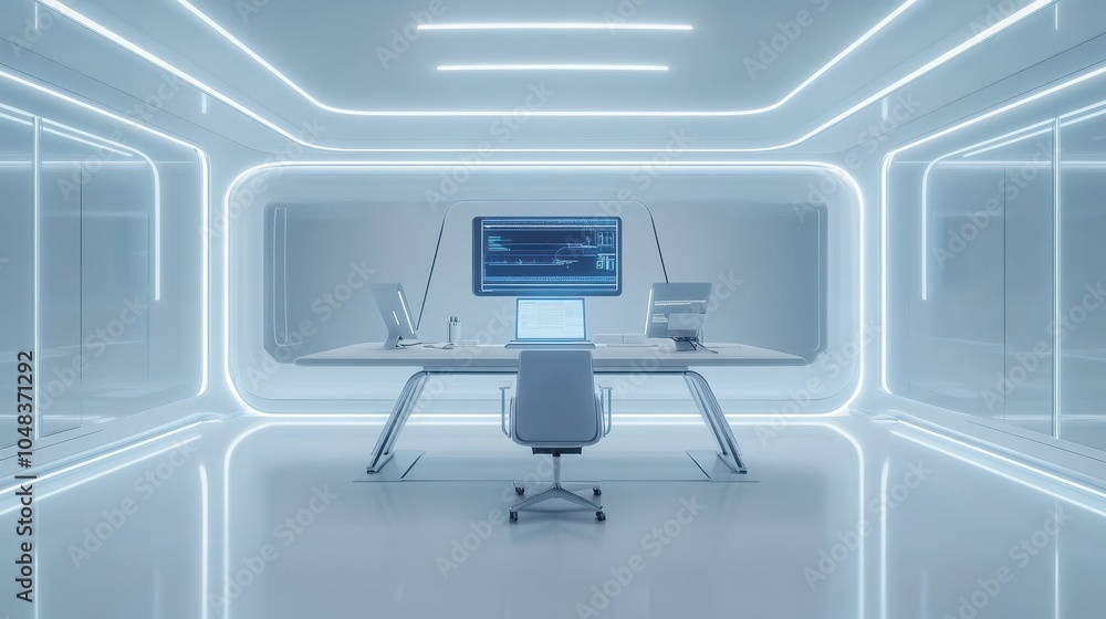 Naklejka premium Modern futuristic office space with advanced AI-powered workstations, holographic displays, and seamless virtual communication technology. Sleek and minimalistic design.