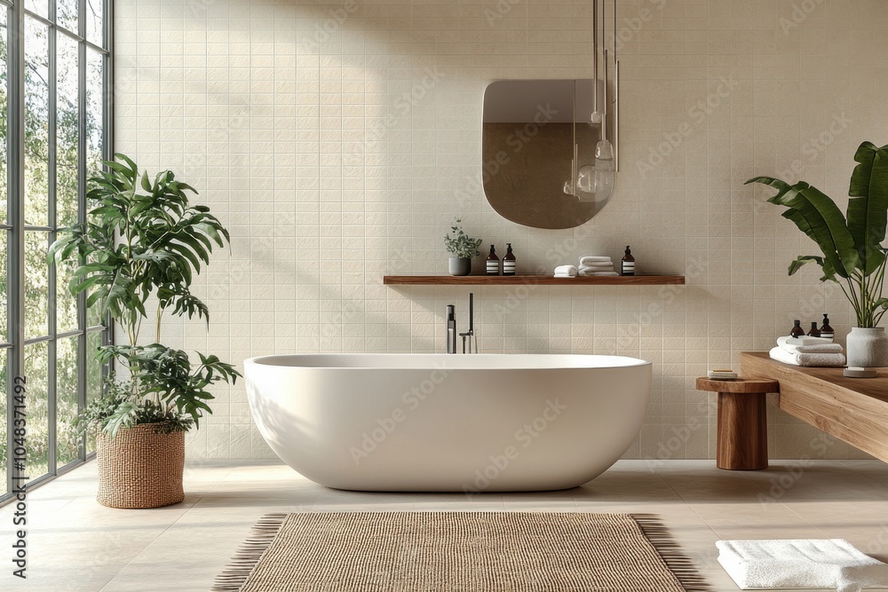 Fototapeta premium modern bathroom design, modern bathroom with a sleek bathtub, decorated in stylish kinfolk-inspired tiles in earth tones, for a serene aesthetic