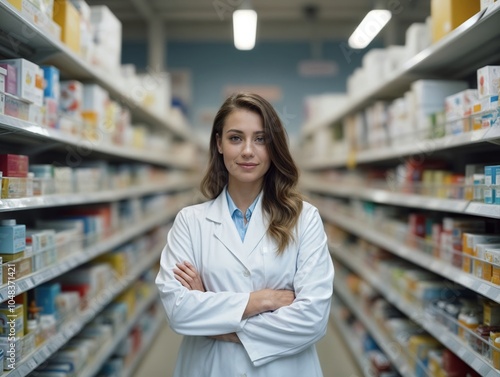 Portrait of a smiling female pharmacist, while wearing a lab coat in a modern pharmacy