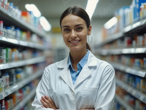 Portrait of a smiling female pharmacist, while wearing a lab coat in a modern pharmacy