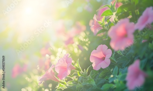 pink petunias in sunlight, Generative AI
