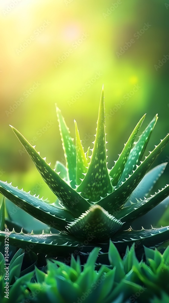 Close-up photo of an aloe plant pointing upwards, with green leaves, sunlight, golden hour lighting, a bokeh background Close-up photo of an aloe plant pointing upwards, with green leaves, sunlight, golden hour lighting, a bokeh background