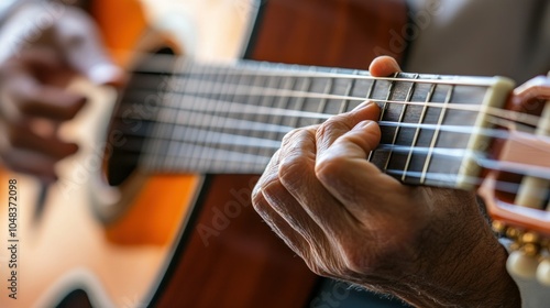 Close-up of a Man's Hand Playing an Acoustic Guitar