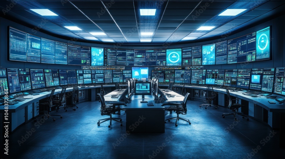 A modern control room with numerous screens displaying data and information. A modern control room with numerous screens displaying data and information.