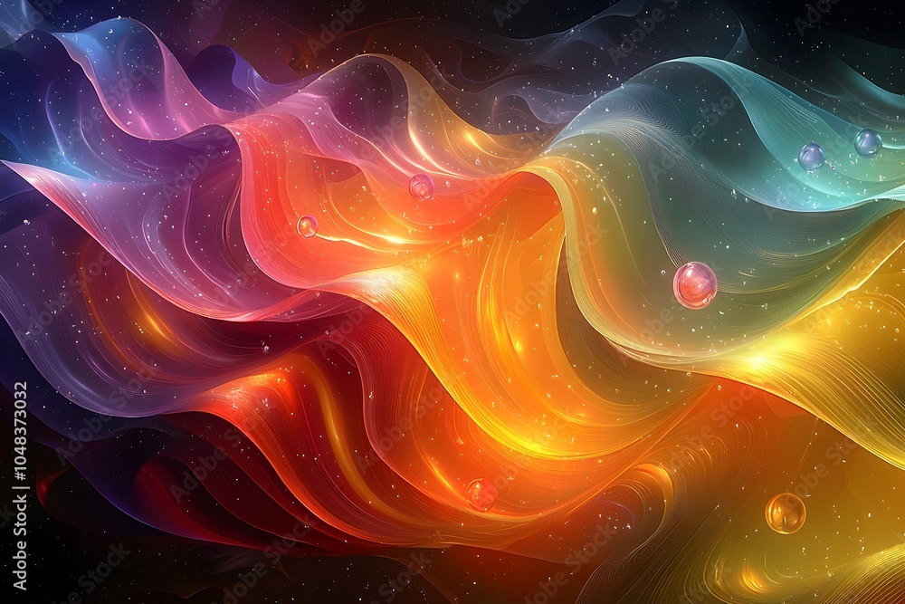 Fototapeta premium Vibrant abstract waves: dynamic rainbow tones and floating spheres