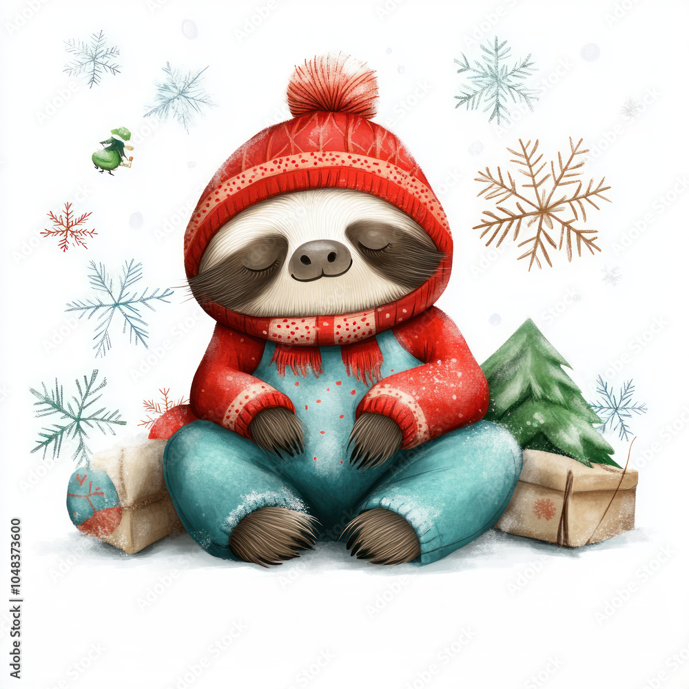 Cozy sloth wearing red hat and sweater sits among snowflakes, gifts, and small tree, evoking warm, festive feeling. Perfect for winter themed designs Cozy sloth wearing red hat and sweater sits among snowflakes, gifts, and small tree, evoking warm, festive feeling. Perfect for winter themed designs