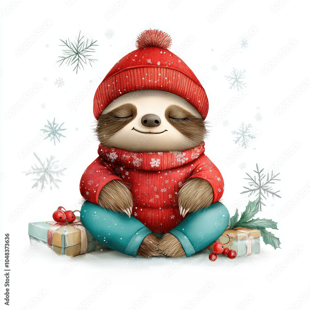 Cozy sloth wearing red hat and sweater, sitting peacefully among snowflakes and holiday gifts, radiating warmth and joy during winter season Cozy sloth wearing red hat and sweater, sitting peacefully among snowflakes and holiday gifts, radiating warmth and joy during winter season