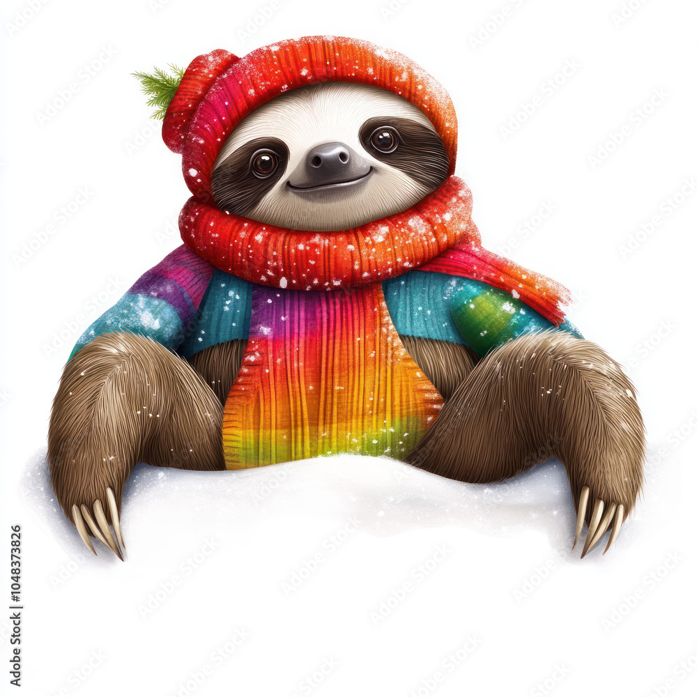 Obraz premium cheerful sloth wearing colorful scarf and hat enjoys snowy winter scene, radiating warmth and joy. This adorable creature embodies spirit of cozy winter days