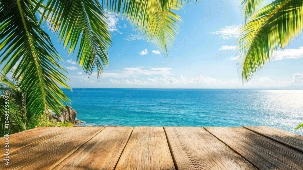 Scenic ocean view from a wooden deck surrounded by palm trees on a sunny day with clear skies and gentle waves Scenic ocean view from a wooden deck surrounded by palm trees on a sunny day with clear skies and gentle waves