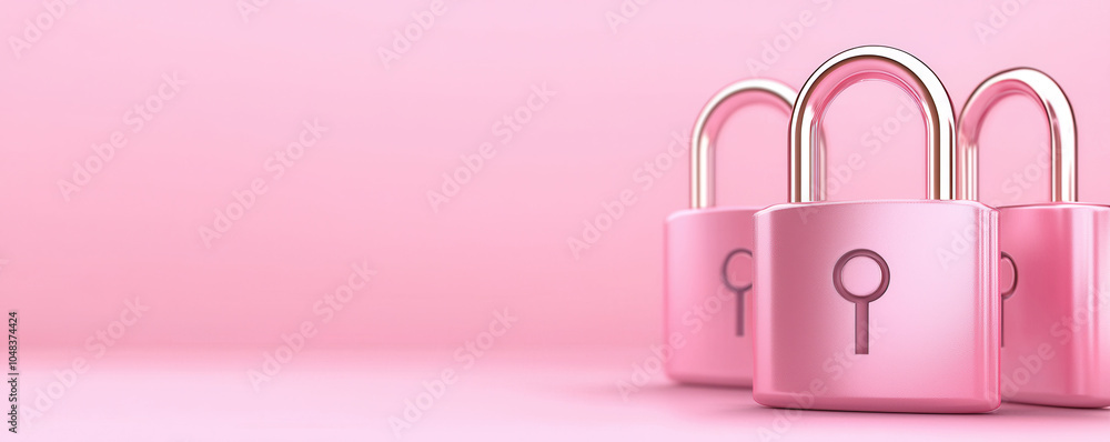 Three pink locks with shiny gold accents are arranged against soft pink background, creating serene and secure atmosphere. design emphasizes safety and protection Three pink locks with shiny gold accents are arranged against soft pink background, creating serene and secure atmosphere. design emphasizes safety and protection