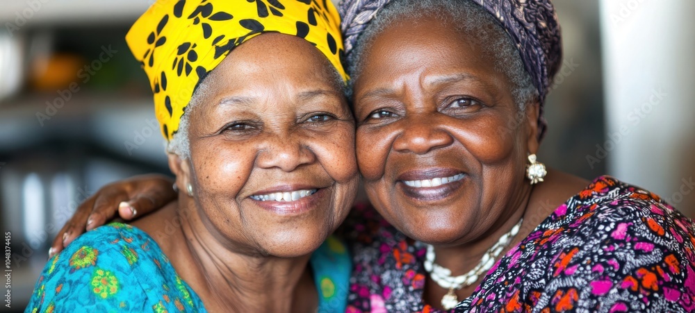 Two joyful afroamerican elderly women wearing vibrant headwraps embrace each other in a cozy indoor setting, radiating warmth and friendship Two joyful afroamerican elderly women wearing vibrant headwraps embrace each other in a cozy indoor setting, radiating warmth and friendship