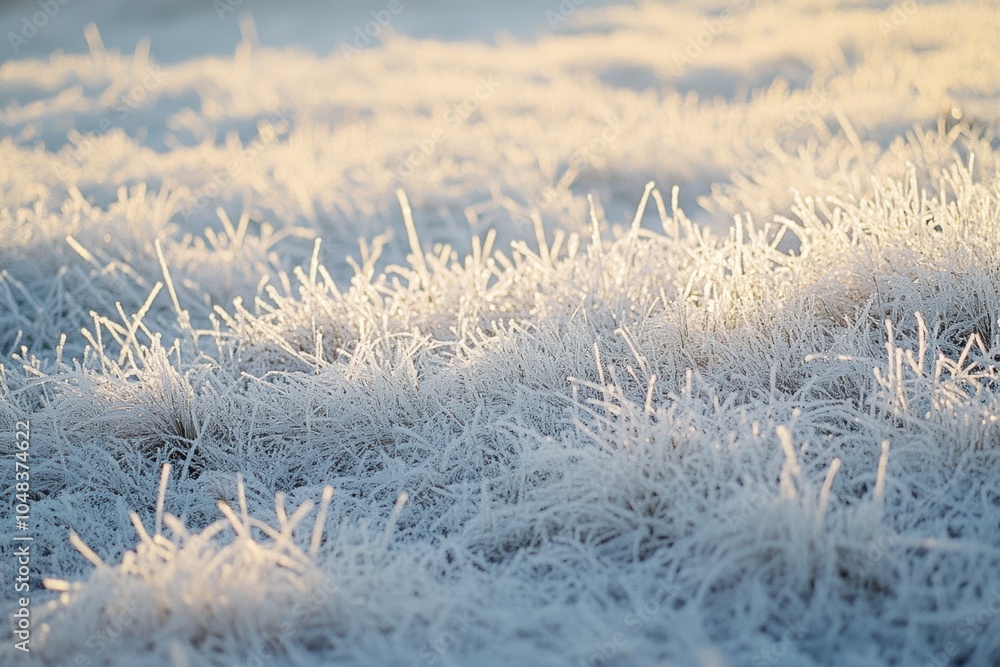 Obraz premium winter morning landscapes, the enchanting sight of frost-kissed grass blades sparkling in the autumn sun on a crisp morning is truly breathtaking