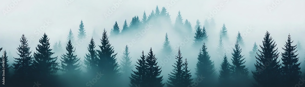 Fototapeta premium A serene forest landscape shrouded in mist, showcasing tall evergreen trees against a soft, atmospheric backdrop.