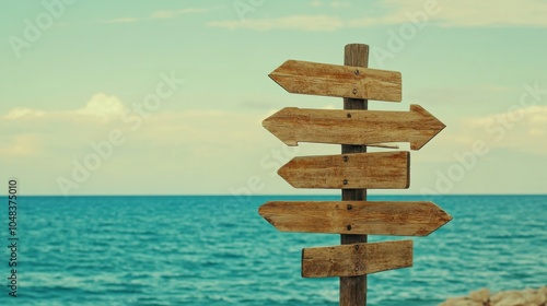 Wooden directional signpost near a tranquil beach with turquoise waters under a clear sky during the daytime