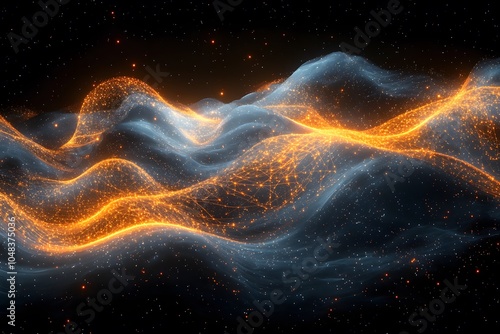 Dynamic neon waveforms: glowing abstract landscape with digital particles