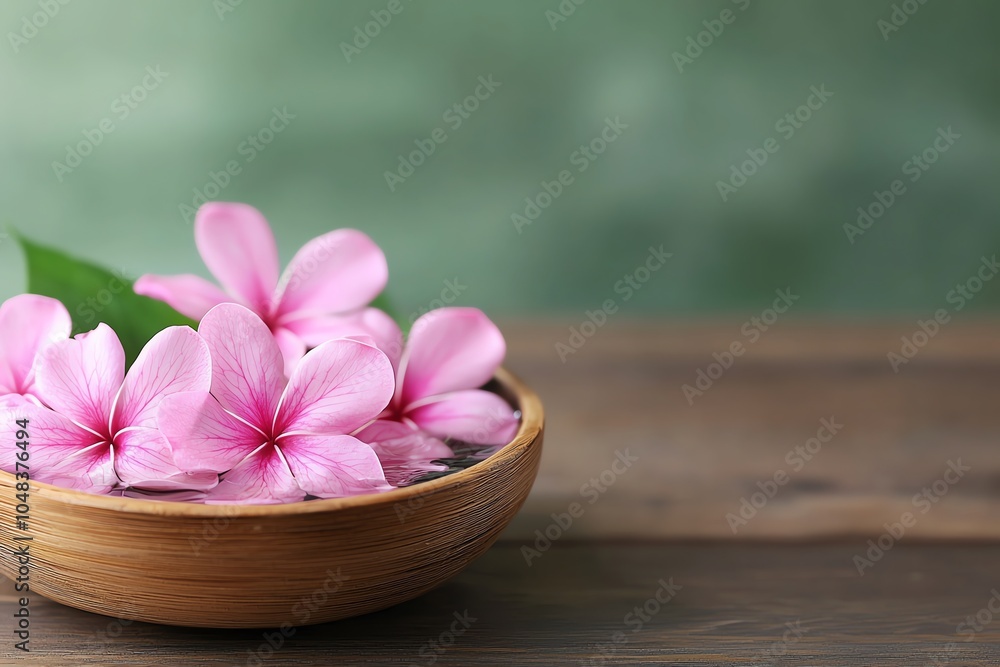 Delicate pink flowers in a wooden bowl, creating a serene and calming atmosphere, perfect for relaxation and wellness themes. Delicate pink flowers in a wooden bowl, creating a serene and calming atmosphere, perfect for relaxation and wellness themes.