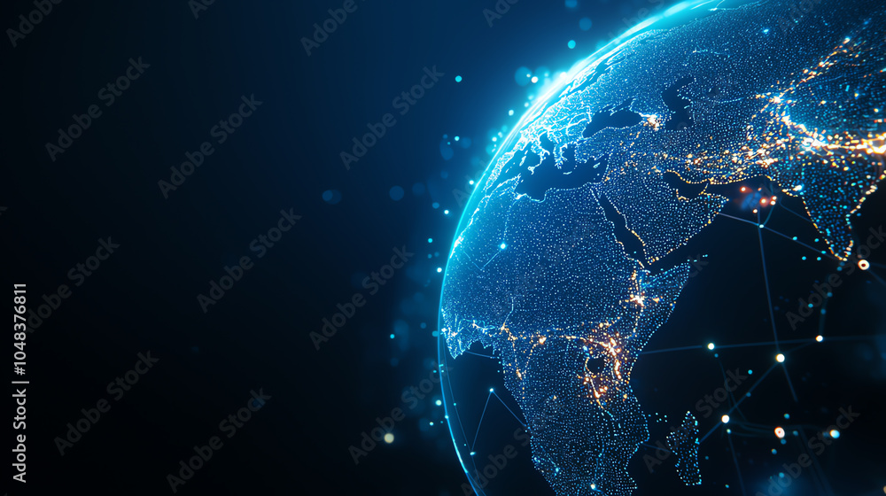 Obraz premium Holographic map, neon network lines, futuristic digital world