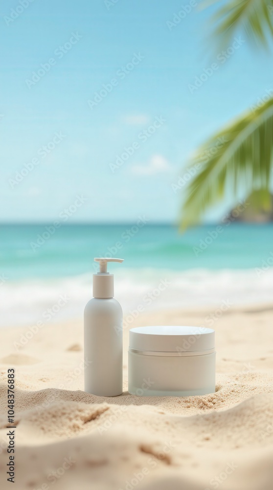 Product Mockup Displayed on Sandy Beach With Gentle Waves and Palm Trees Under Bright Sunlight. Generative AI Product Mockup Displayed on Sandy Beach With Gentle Waves and Palm Trees Under Bright Sunlight. Generative AI
