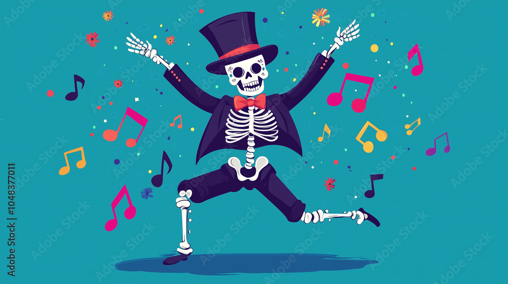 Naklejka premium Cheerful skeleton dancing with a top hat and bowtie, surrounded by musical notes, in a vibrant flat vector style.