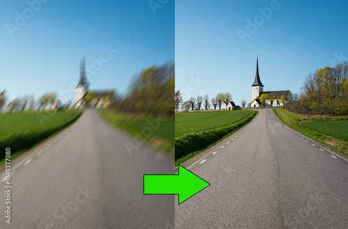Concept of image motion blur restoration technology - blurred picture of a landscape on the left, and the the enhanced (restored) version on the right